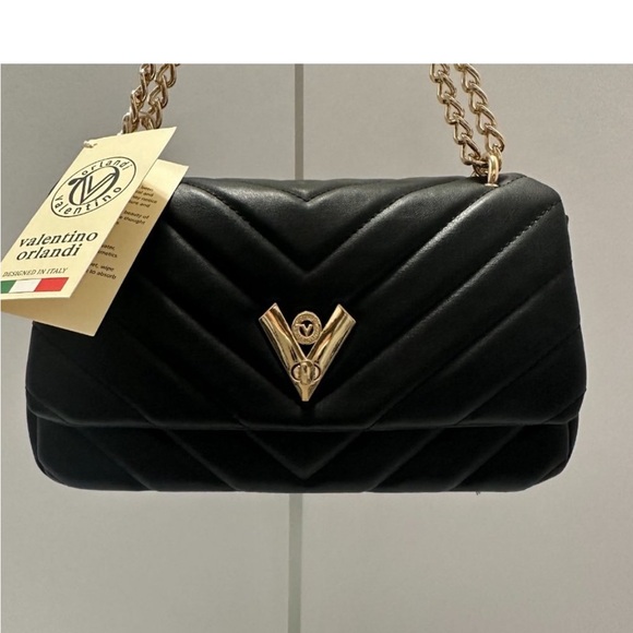 Valentino Orlandi Handbags - VALENTINO ORLANDI 6”x 11”x3” Black Quilted Bag Monogram Trim and Chain NWT $279